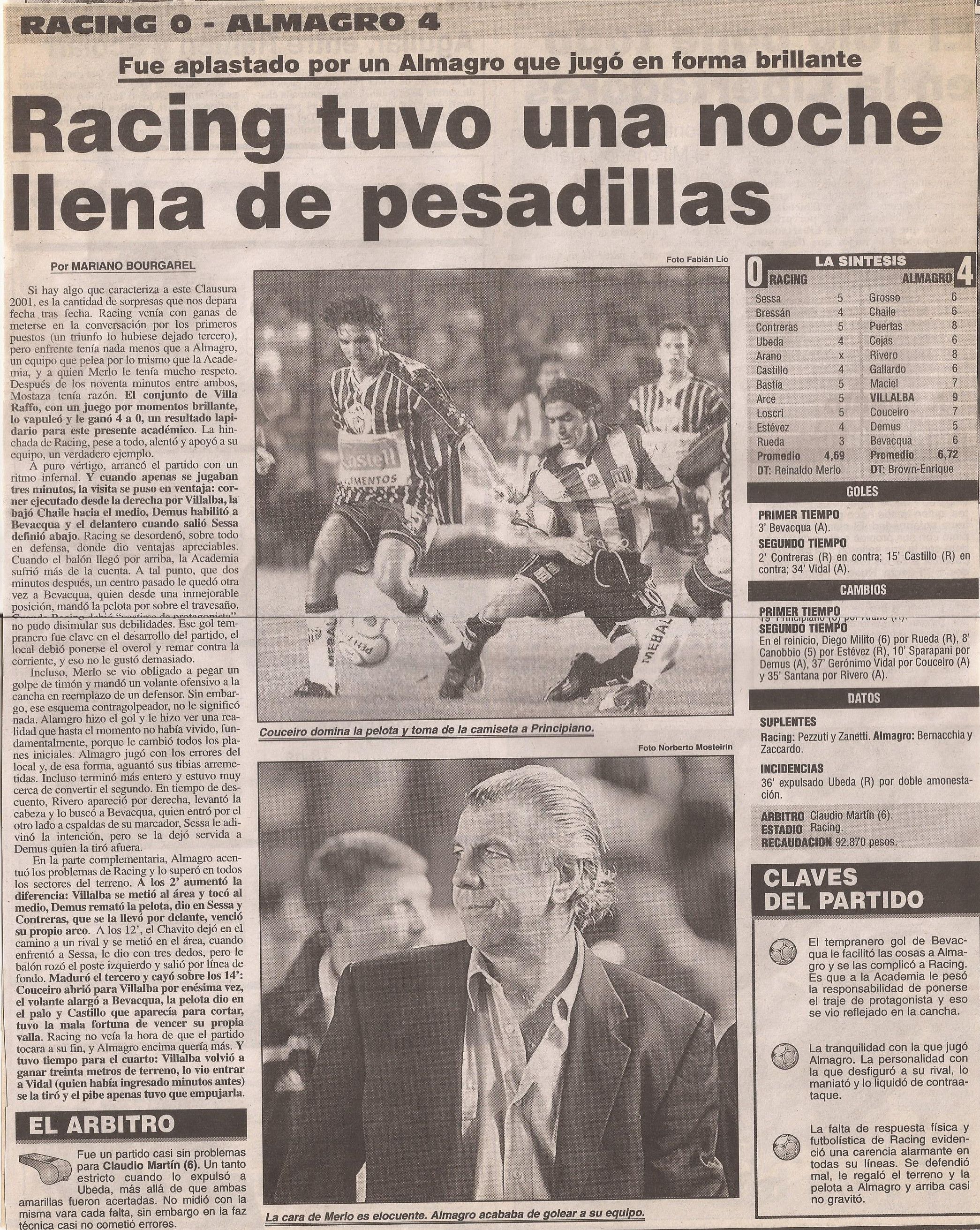 2000-01 Primera Division - Racing vs Almagro- Diario Popular